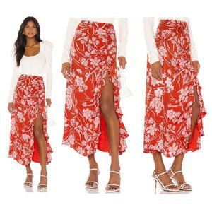 NWOT SONG OF STYLE Zahir Ruffle Satin Floral Print Skirt - Red Dahlia - Small